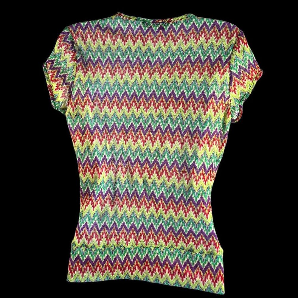 Exact 12 Neon Sz M Zig Zag Knit Top Bold Green Faux Wrap V Neck Boho Festival - Picture 7 of 10